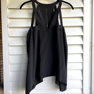 BCBG black silk V neck cut out top